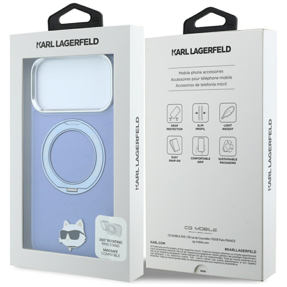 Funda MagSafe para Apple iPhone 18 Pro Max / 17 Pro Max, Karl Lagerfeld, Saffiano Ring Stand 360 Choupette Pin, Azul