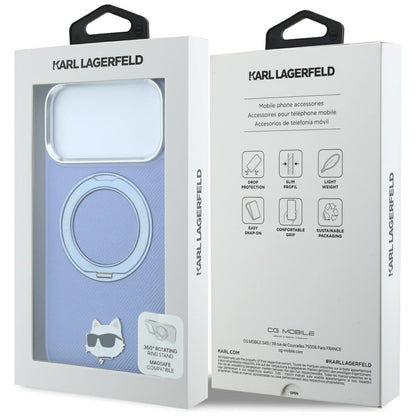 Funda MagSafe para Apple iPhone 18 Pro Max / 17 Pro Max, Karl Lagerfeld, Saffiano Ring Stand 360 Choupette Pin, Azul