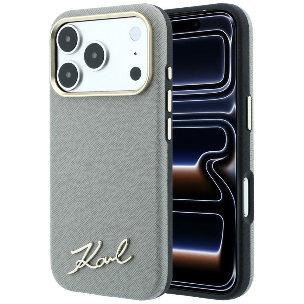 Funda MagSafe para Apple iPhone 18 Pro Max / 17 Pro Max, Karl Lagerfeld, Saffiano Small Script Metal Logo, Beige