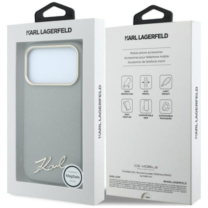 Funda MagSafe para Apple iPhone 18 Pro Max / 17 Pro Max, Karl Lagerfeld, Saffiano Small Script Metal Logo, Beige
