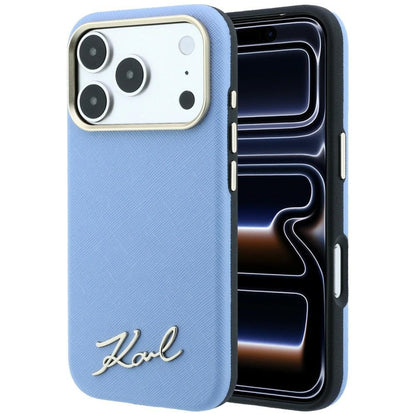 Funda MagSafe para Apple iPhone 18 Pro Max / 17 Pro Max, Karl Lagerfeld, Saffiano Small Script Metal Logo, Azul
