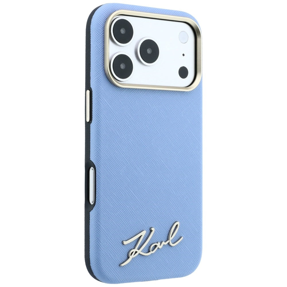 Funda MagSafe para Apple iPhone 18 Pro Max / 17 Pro Max, Karl Lagerfeld, Saffiano Small Script Metal Logo, Azul