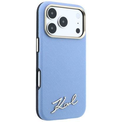 Funda MagSafe para Apple iPhone 18 Pro Max / 17 Pro Max, Karl Lagerfeld, Saffiano Small Script Metal Logo, Azul