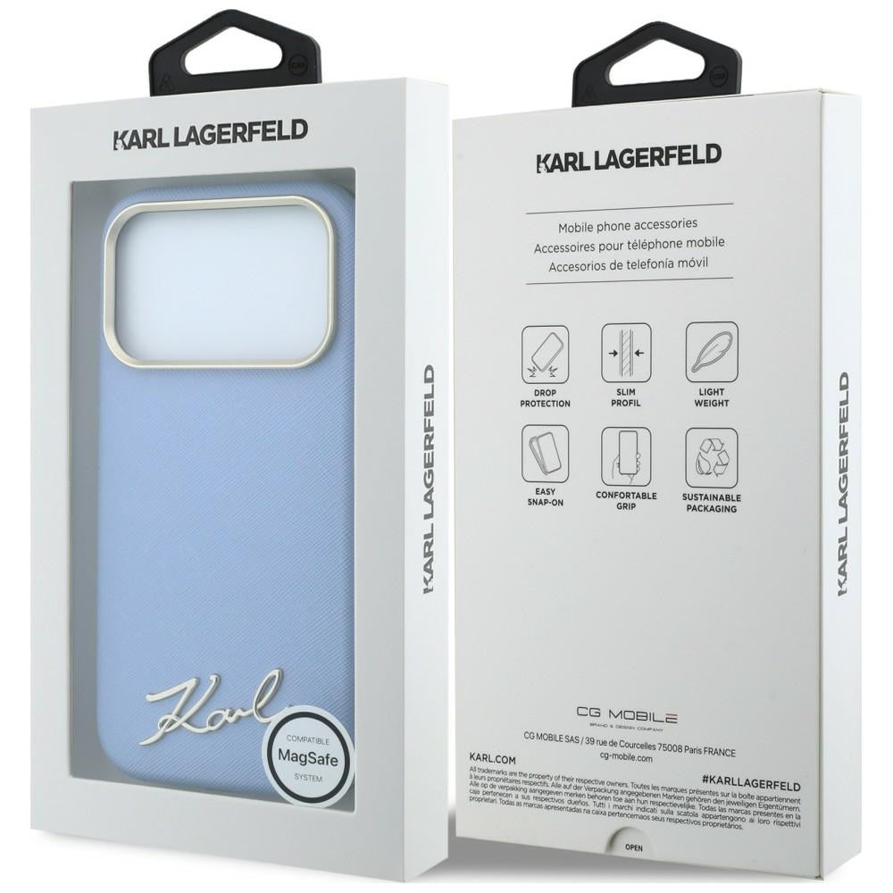 Funda MagSafe para Apple iPhone 18 Pro Max / 17 Pro Max, Karl Lagerfeld, Saffiano Small Script Metal Logo, Azul