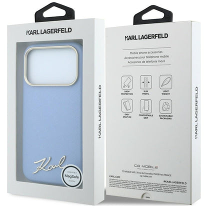 Funda MagSafe para Apple iPhone 18 Pro Max / 17 Pro Max, Karl Lagerfeld, Saffiano Small Script Metal Logo, Azul