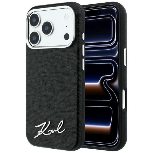 Funda MagSafe para Apple iPhone 18 Pro Max / 17 Pro Max, Karl Lagerfeld, Saffiano Small Script Metal Logo, Negra
