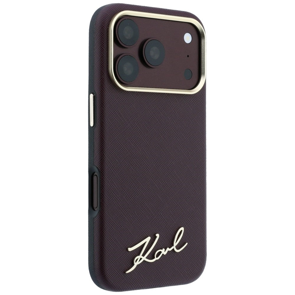 Funda MagSafe para Apple iPhone 18 Pro Max / 17 Pro Max, Karl Lagerfeld, Saffiano Small Script Metal Logo, Burdeos