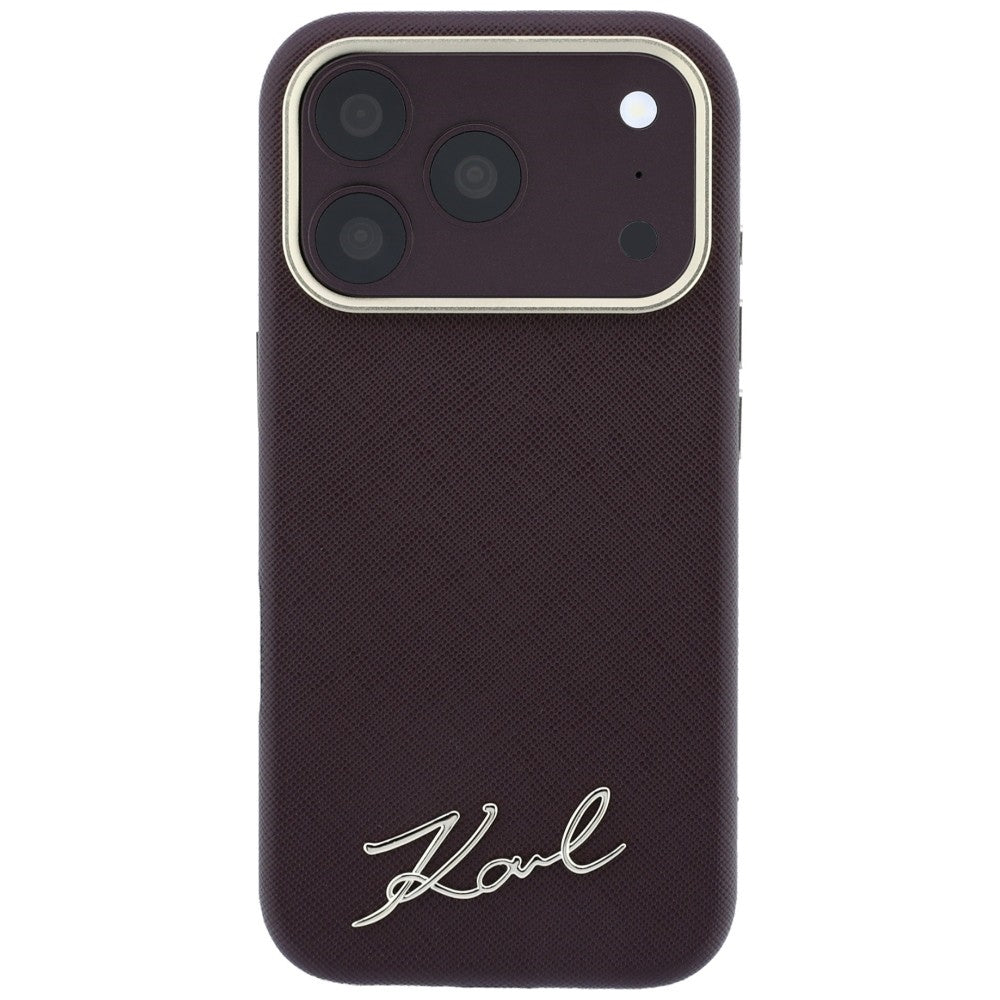 Funda MagSafe para Apple iPhone 18 Pro Max / 17 Pro Max, Karl Lagerfeld, Saffiano Small Script Metal Logo, Burdeos