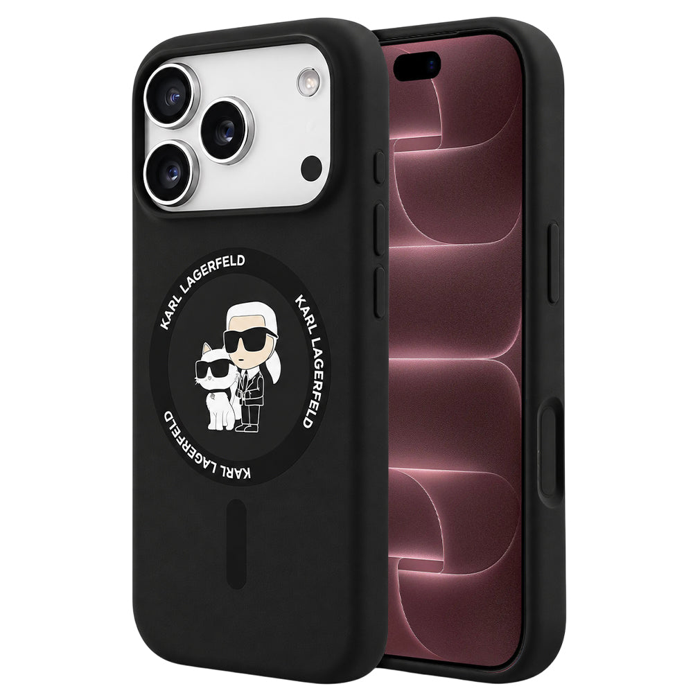 Funda MagSafe para Apple iPhone 18 Pro Max / 17 Pro Max, Karl Lagerfeld, Silicone Ring Karl & Choupette, negra