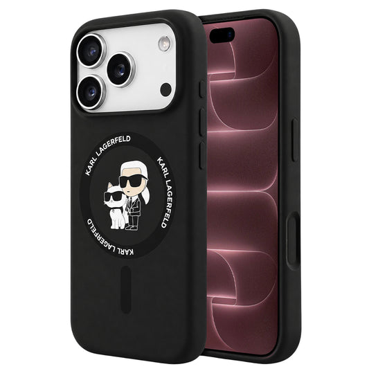 Funda MagSafe para Apple iPhone 18 Pro Max / 17 Pro Max, Karl Lagerfeld, Silicone Ring Karl & Choupette, negra