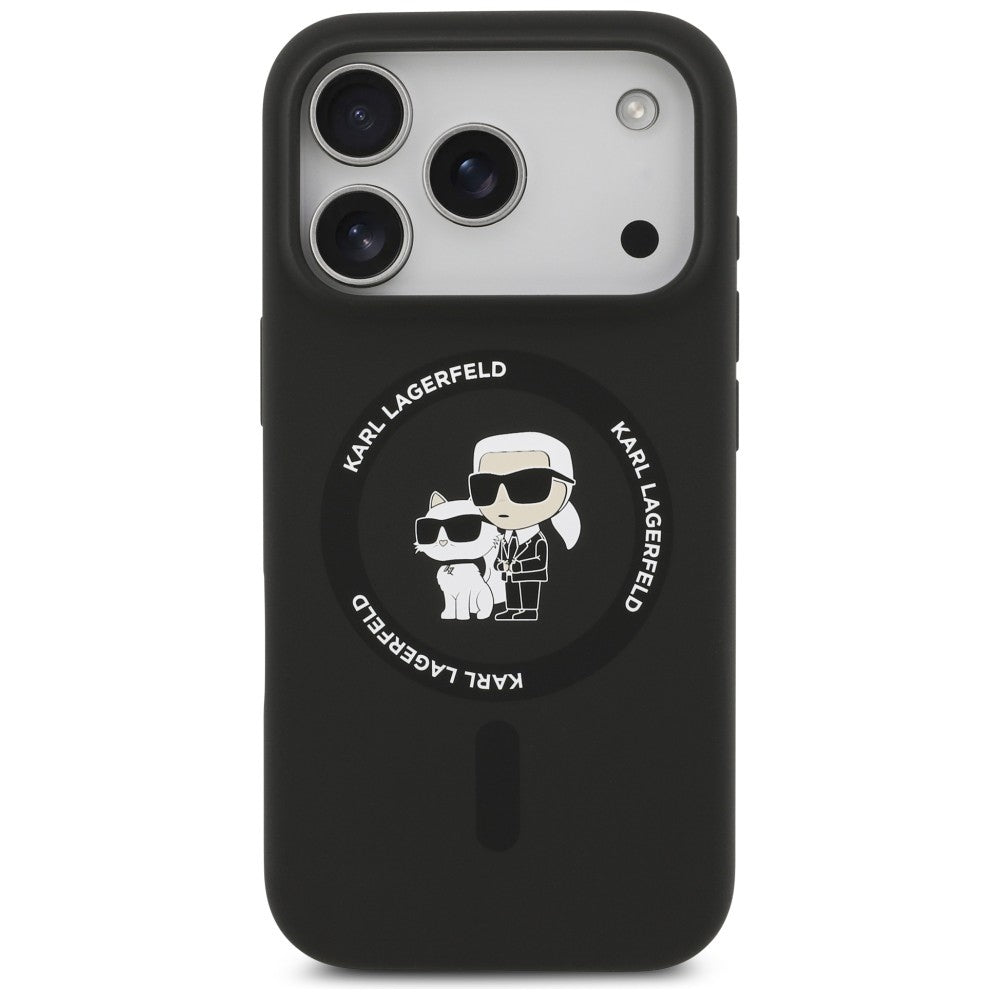 Funda MagSafe para Apple iPhone 18 Pro Max / 17 Pro Max, Karl Lagerfeld, Silicone Ring Karl & Choupette, negra