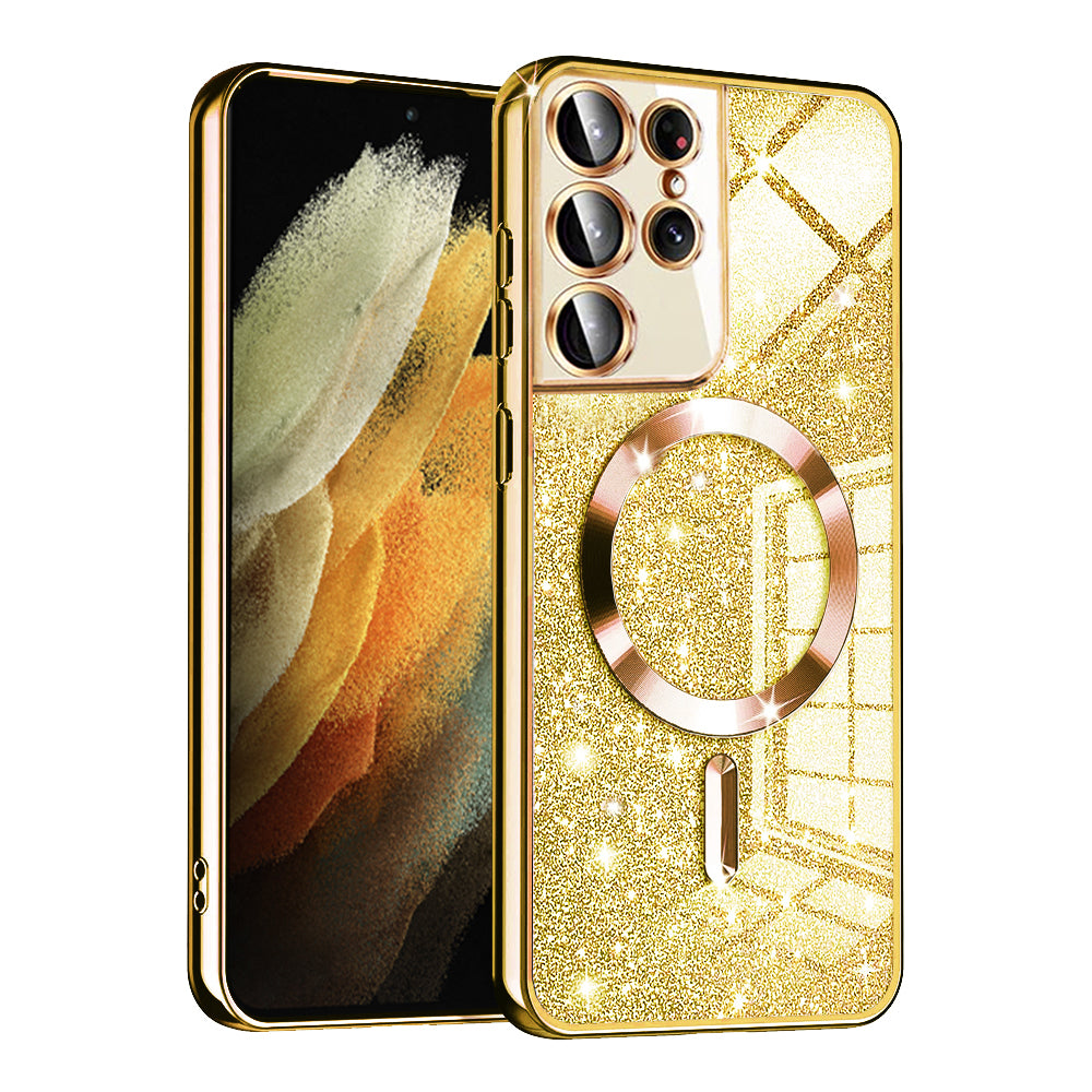 Funda MagSafe para Samsung Galaxy S21 Ultra 5G G998, Techsuit, Luxury Glitter, Dorada