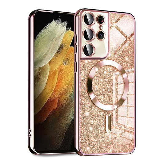 Funda MagSafe para Samsung Galaxy S21 Ultra 5G G998, Techsuit, Luxury Glitter, Rosa Dorado