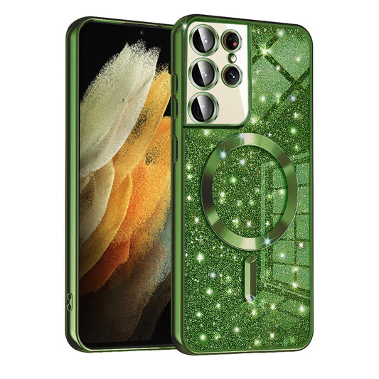 Funda MagSafe para Samsung Galaxy S21 Ultra 5G G998, Techsuit, Luxury Glitter, Verde Oscuro