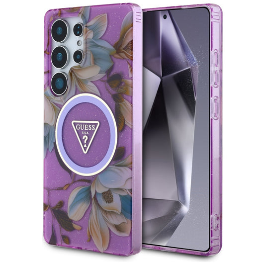 Funda MagSafe para Samsung Galaxy S25 Ultra S938, Guess, IML Metal Glitter Flowers Triangle, Morado