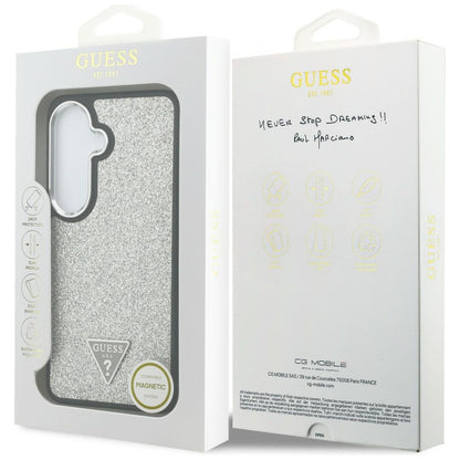 Funda MagSafe para Samsung Galaxy S26 S942, Guess, Logo Triángulo con Purpurina Fija, Plateada