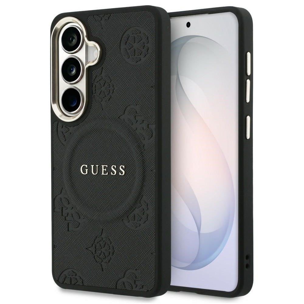 Funda MagSafe para Samsung Galaxy S26 S942, Guess, Saffiano Peony Embossed Ring, Negra