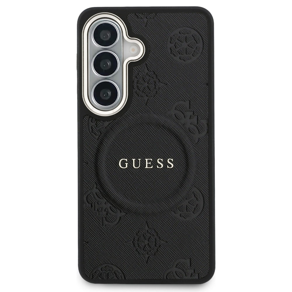 Funda MagSafe para Samsung Galaxy S26 S942, Guess, Saffiano Peony Embossed Ring, Negra