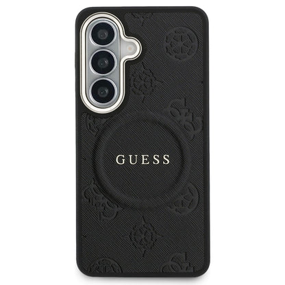 Funda MagSafe para Samsung Galaxy S26 S942, Guess, Saffiano Peony Embossed Ring, Negra