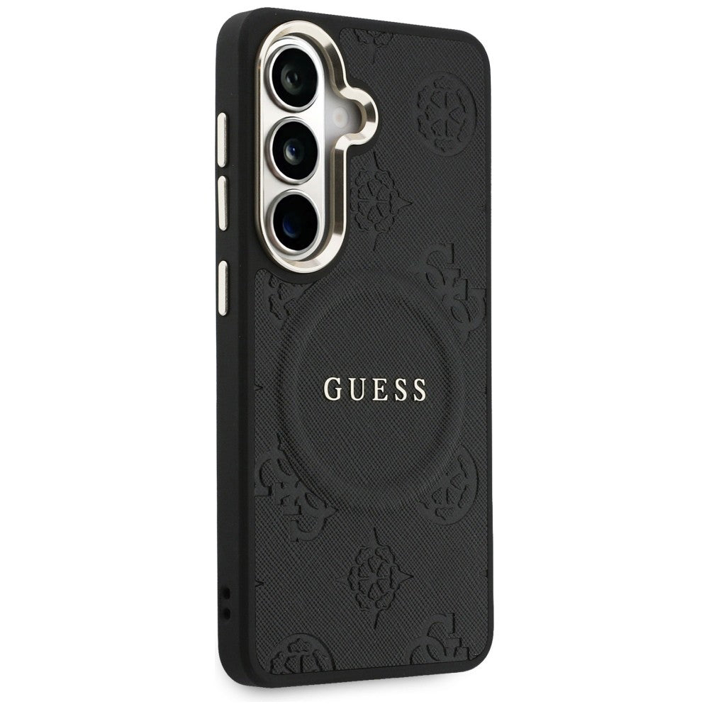 Funda MagSafe para Samsung Galaxy S26 S942, Guess, Saffiano Peony Embossed Ring, Negra