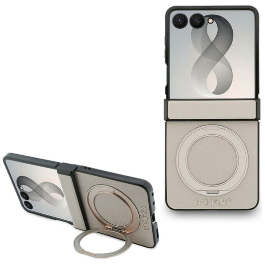 Funda MagSafe para Samsung Galaxy Z Flip8 F776, Guess, Soporte Anillo Logo Clásico Granulado, Beige