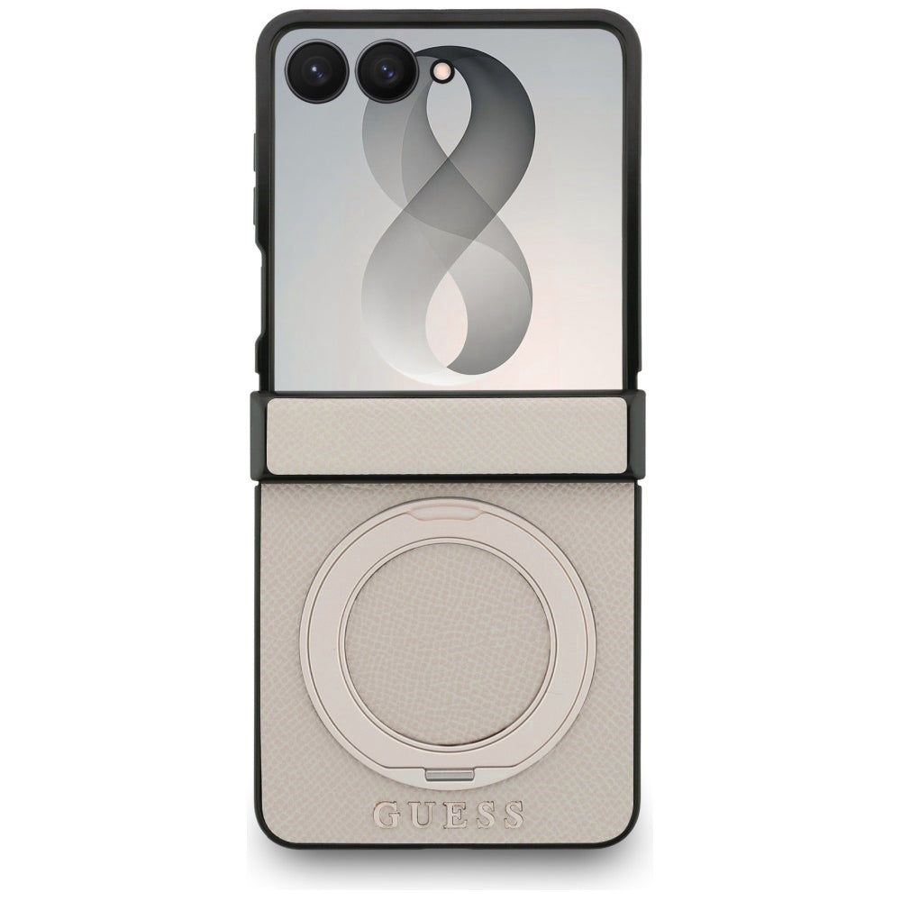 Funda MagSafe para Samsung Galaxy Z Flip8 F776, Guess, Soporte Anillo Logo Clásico Granulado, Beige