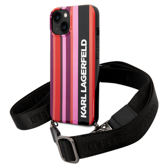Funda para Apple iPhone 14, Karl Lagerfeld, Color Stripes with Strap, Rosa