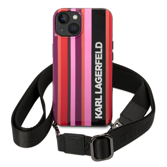 Funda para Apple iPhone 14, Karl Lagerfeld, Color Stripes with Strap, Rosa