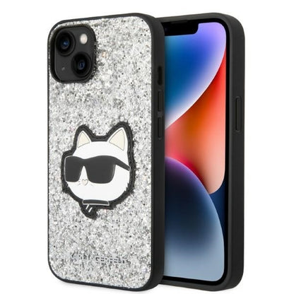 Funda para Apple iPhone 14, Karl Lagerfeld, Glitter Choupette Patch, Plateada.