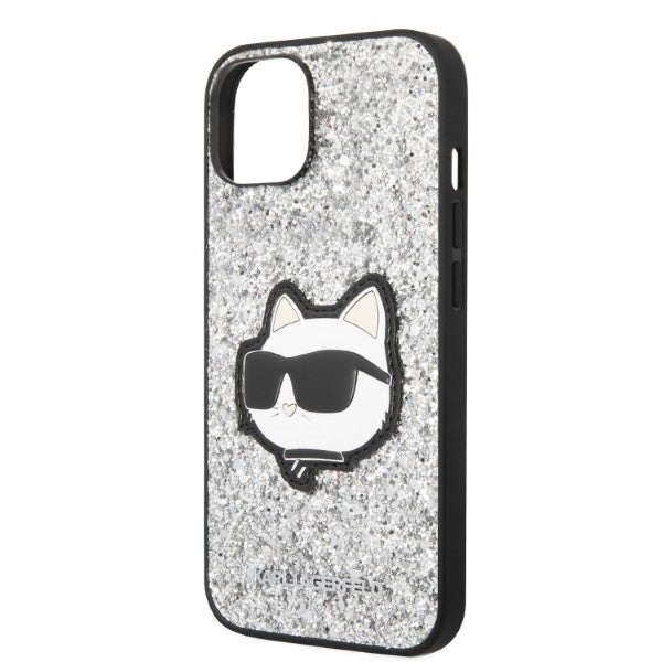 Funda para Apple iPhone 14, Karl Lagerfeld, Glitter Choupette Patch, Plateada.