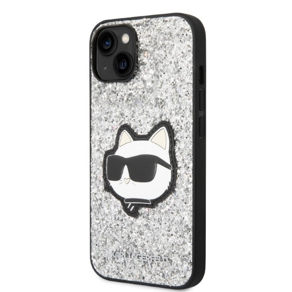Funda para Apple iPhone 14, Karl Lagerfeld, Glitter Choupette Patch, Plateada.