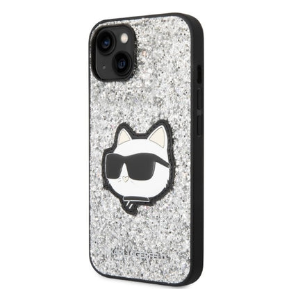 Funda para Apple iPhone 14, Karl Lagerfeld, Glitter Choupette Patch, Plateada.
