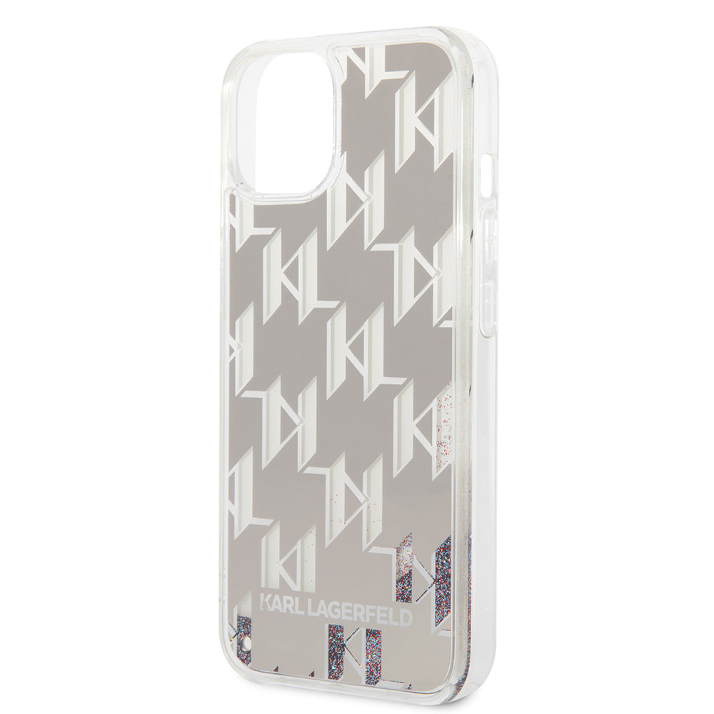 Funda para Apple iPhone 14, Karl Lagerfeld, Liquid Glitter Monogram, Plateada.
