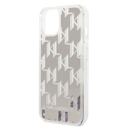 Funda para Apple iPhone 14, Karl Lagerfeld, Liquid Glitter Monogram, Plateada.