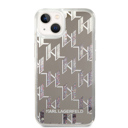 Funda para Apple iPhone 14, Karl Lagerfeld, Liquid Glitter Monogram, Plateada.