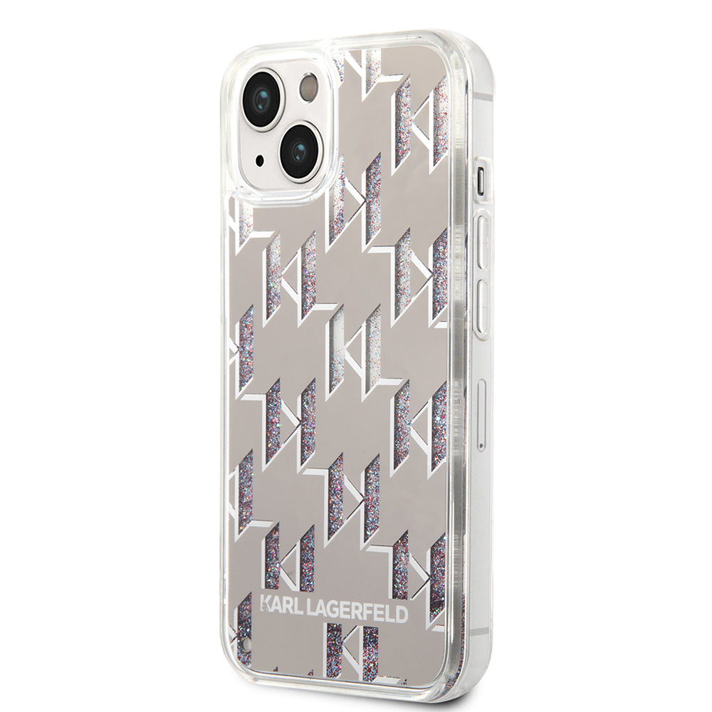 Funda para Apple iPhone 14, Karl Lagerfeld, Liquid Glitter Monogram, Plateada.