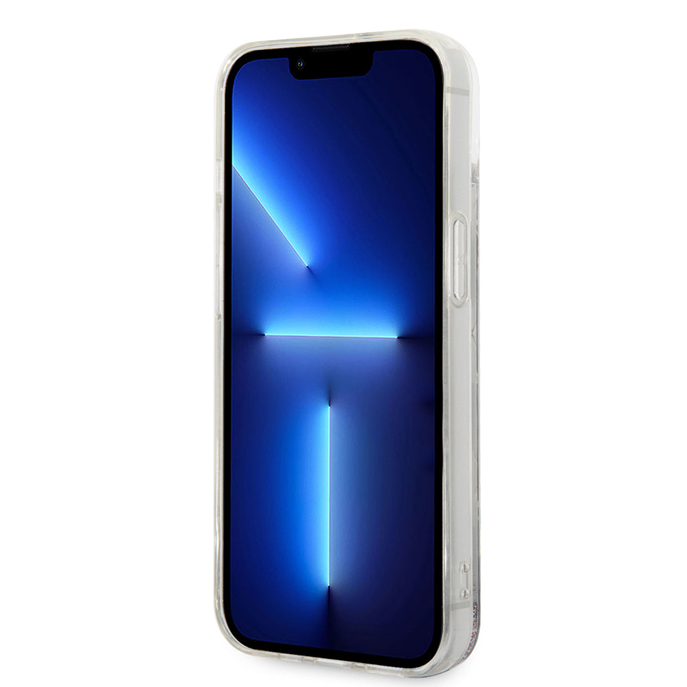 Funda para Apple iPhone 14, Karl Lagerfeld, Liquid Glitter Monogram, Plateada.