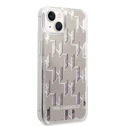 Funda para Apple iPhone 14, Karl Lagerfeld, Liquid Glitter Monogram, Plateada.
