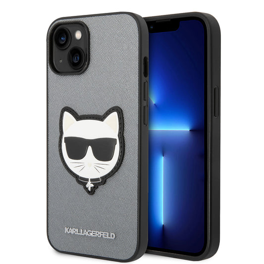 Funda para Apple iPhone 14, Karl Lagerfeld, Saffiano Choupette's Head, Plateada.