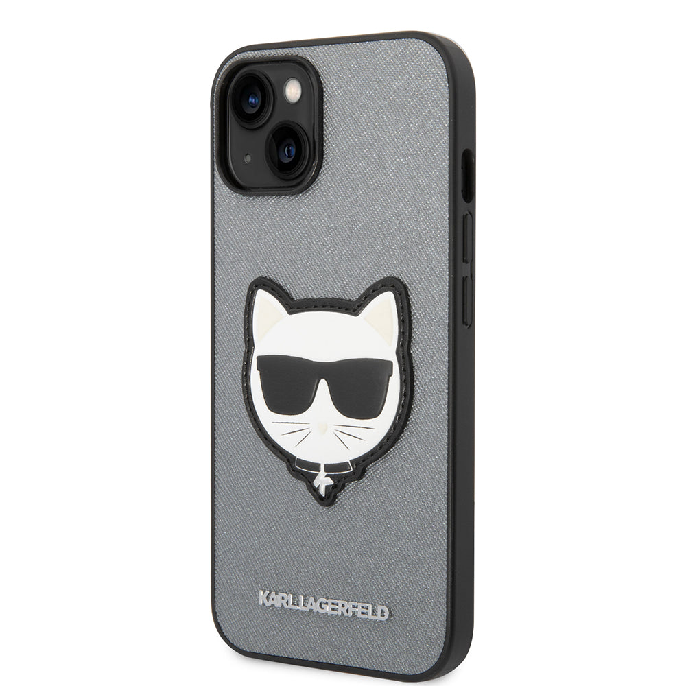 Funda para Apple iPhone 14, Karl Lagerfeld, Saffiano Choupette's Head, Plateada.