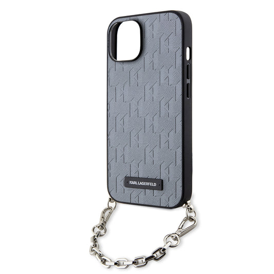 Funda para Apple iPhone 14, Karl Lagerfeld, Saffiano Monogram Chain, Plateada