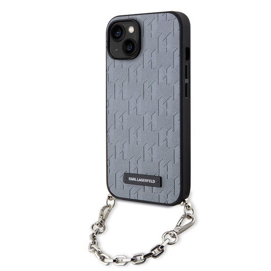 Funda para Apple iPhone 14, Karl Lagerfeld, Saffiano Monogram Chain, Plateada