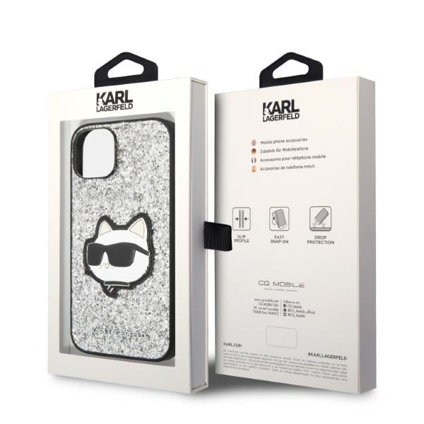 Funda para Apple iPhone 14 Plus, Karl Lagerfeld, Glitter Choupette Patch, Plateada.