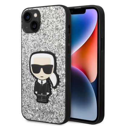Funda para Apple iPhone 14 Plus, Karl Lagerfeld, Glitter Flakes Ikonik Karl, Plateada.