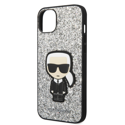 Funda para Apple iPhone 14 Plus, Karl Lagerfeld, Glitter Flakes Ikonik Karl, Plateada.