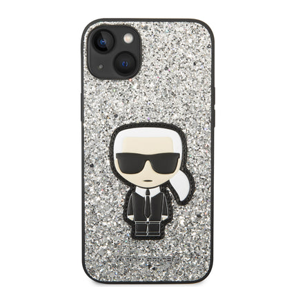 Funda para Apple iPhone 14 Plus, Karl Lagerfeld, Glitter Flakes Ikonik Karl, Plateada.