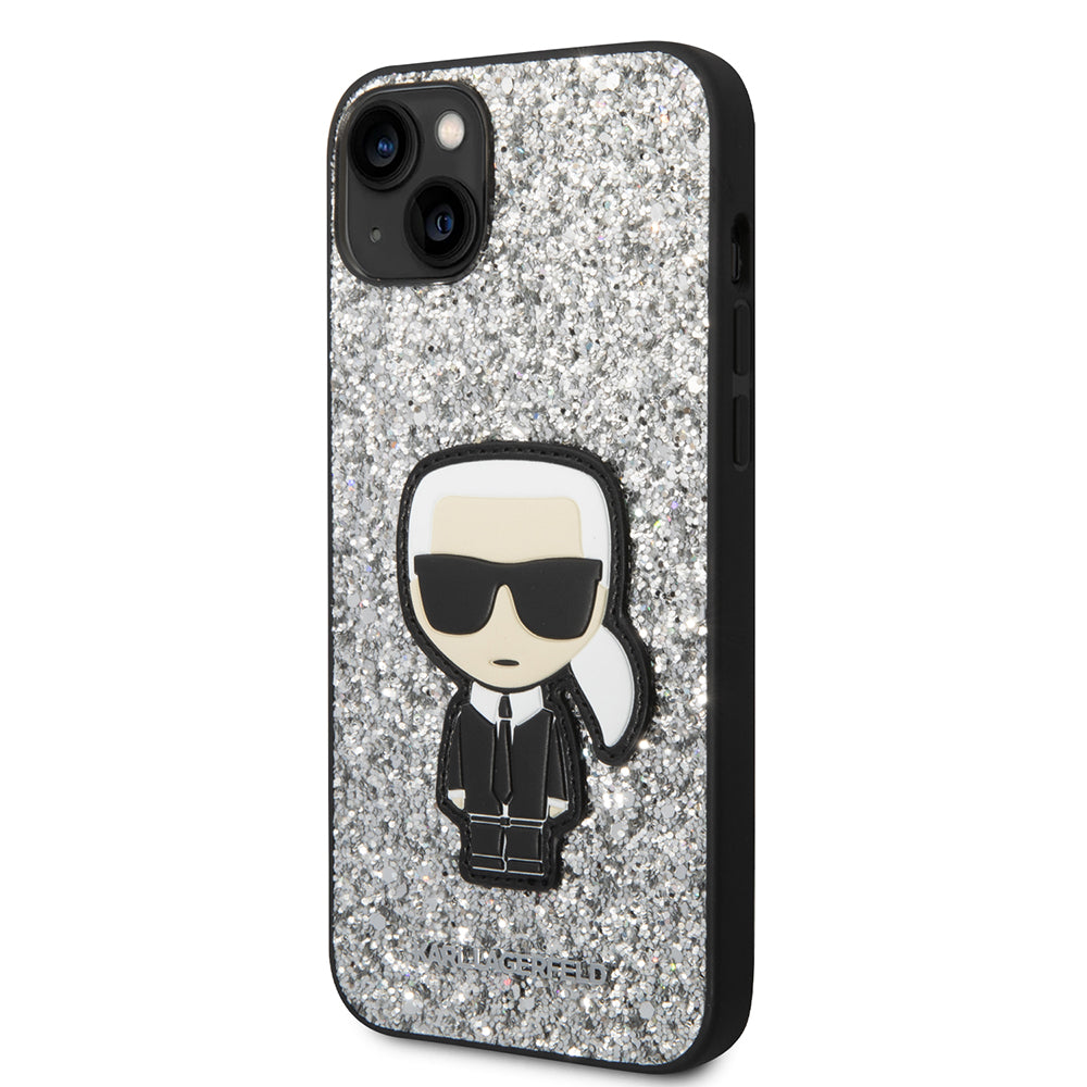 Funda para Apple iPhone 14 Plus, Karl Lagerfeld, Glitter Flakes Ikonik Karl, Plateada.