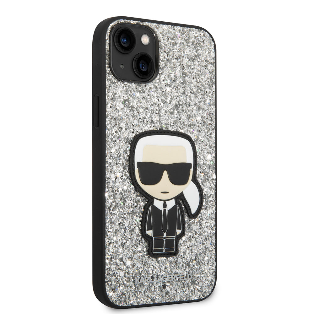 Funda para Apple iPhone 14 Plus, Karl Lagerfeld, Glitter Flakes Ikonik Karl, Plateada.