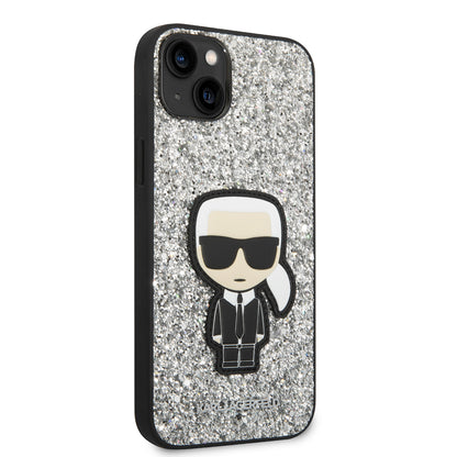 Funda para Apple iPhone 14 Plus, Karl Lagerfeld, Glitter Flakes Ikonik Karl, Plateada.