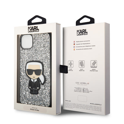 Funda para Apple iPhone 14 Plus, Karl Lagerfeld, Glitter Flakes Ikonik Karl, Plateada.